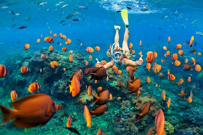 Woman snorkeling after a vitamin C drip amid many orange fish